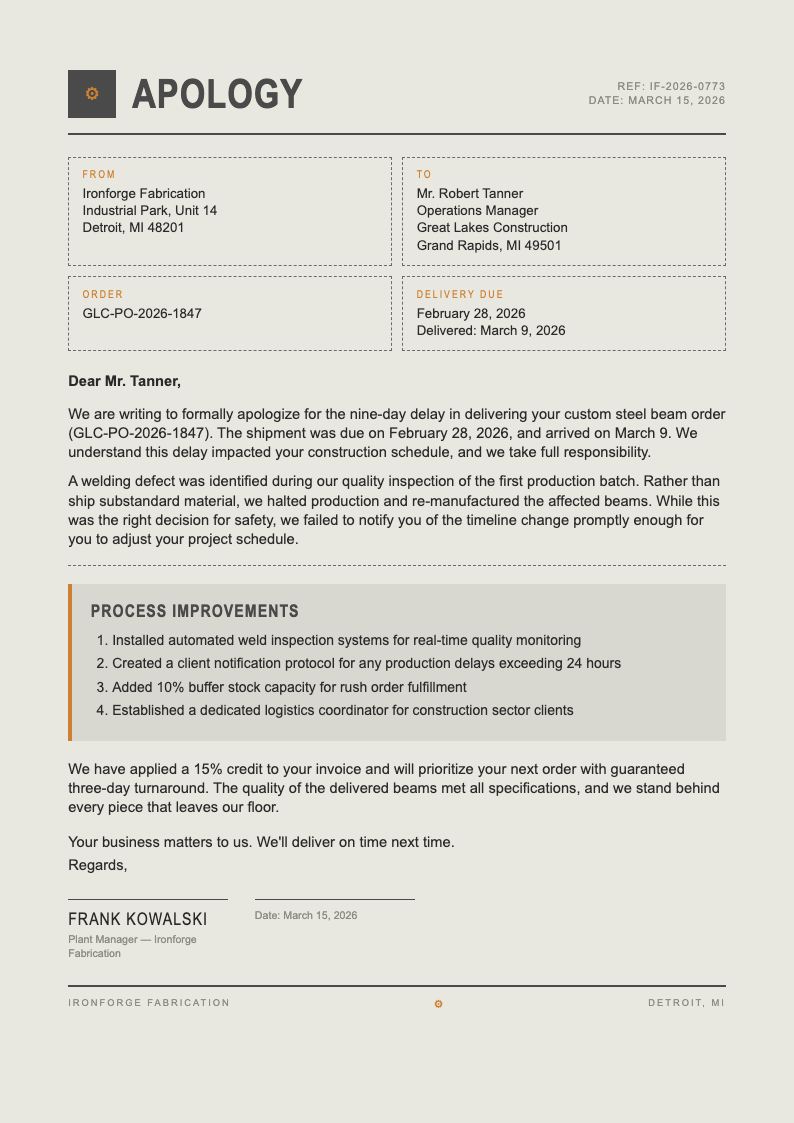 Industrial raw apology letter